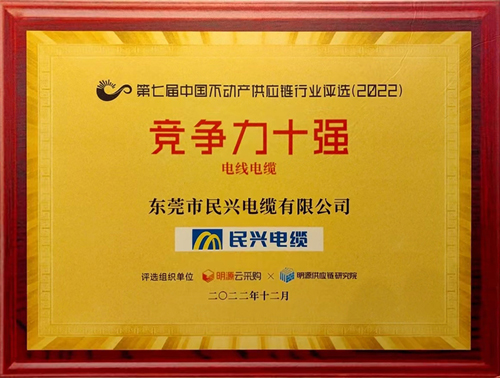 莞企民興電纜榮登2022年中國不動產供應鏈行業(yè)競爭力十強